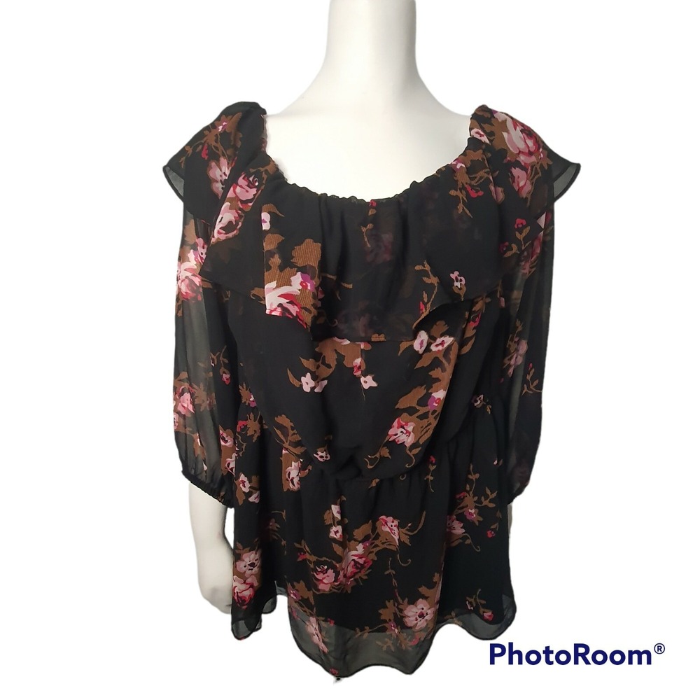 Lane Bryant Floral Off‎ The Shoulder Ruffle Blouse 18 Black Pink Plus 1094582
